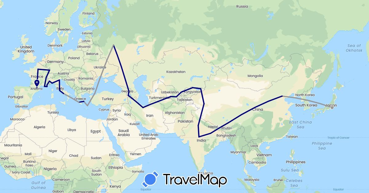 TravelMap itinerary: driving, plane in Armenia, Switzerland, China, France, Georgia, Greece, India, Iran, Italy, Japan, Kyrgyzstan, Russia, Turkmenistan, Turkey, Uzbekistan, Vatican City (Asia, Europe)